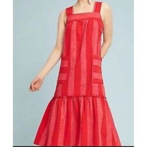 Anthropologie Maeve Red Tonal Stripe Midi Dress Dropwaist Sleeveless Sz Small